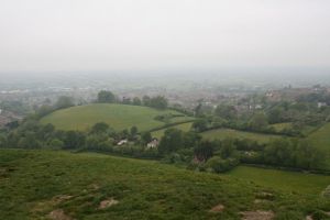 View from half-way up Glastonbury Tor.  Cloudy day.